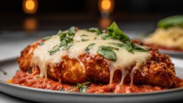 Chicken parmesan with pasta and garnishments