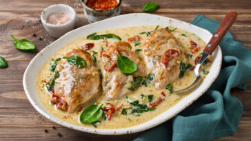 Chicken fillet with spinach and sun-dried tomatoes in coconut milk.