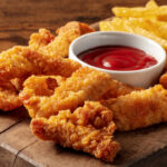 Chicken tenderloin, battered and fried crispy wedges, with a bbq sauce and potato