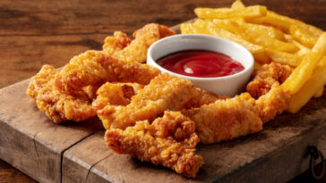 Chicken tenderloin, battered and fried crispy wedges, with a bbq sauce and potato