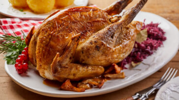 Crispy roasted pheasant with red cabbage , mushrooms, red currants and a sprig of fresh rosemary on an oval platter