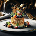 A fancy, artistic dessert presented elegantly on a white plate. The dessert is a creation of culinary art, featuring a small, intricately designed cake, adorned with edible gold leaf and delicate sugar art. The cake is surrounded by a swirl of colorful fruit coulis and garnished with fresh berries, mint leaves, and a dusting of powdered sugar. The plate is set on a dark, elegant tablecloth, with a sophisticated ambiance in the background, perhaps a dimly lit fine dining restaurant setting.