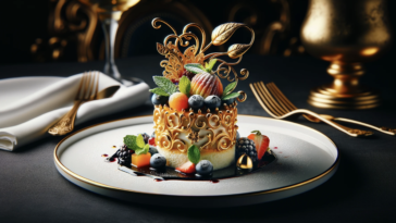 A fancy, artistic dessert presented elegantly on a white plate. The dessert is a creation of culinary art, featuring a small, intricately designed cake, adorned with edible gold leaf and delicate sugar art. The cake is surrounded by a swirl of colorful fruit coulis and garnished with fresh berries, mint leaves, and a dusting of powdered sugar. The plate is set on a dark, elegant tablecloth, with a sophisticated ambiance in the background, perhaps a dimly lit fine dining restaurant setting.