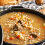 a delicious serving of beef barley soup in a crockpot