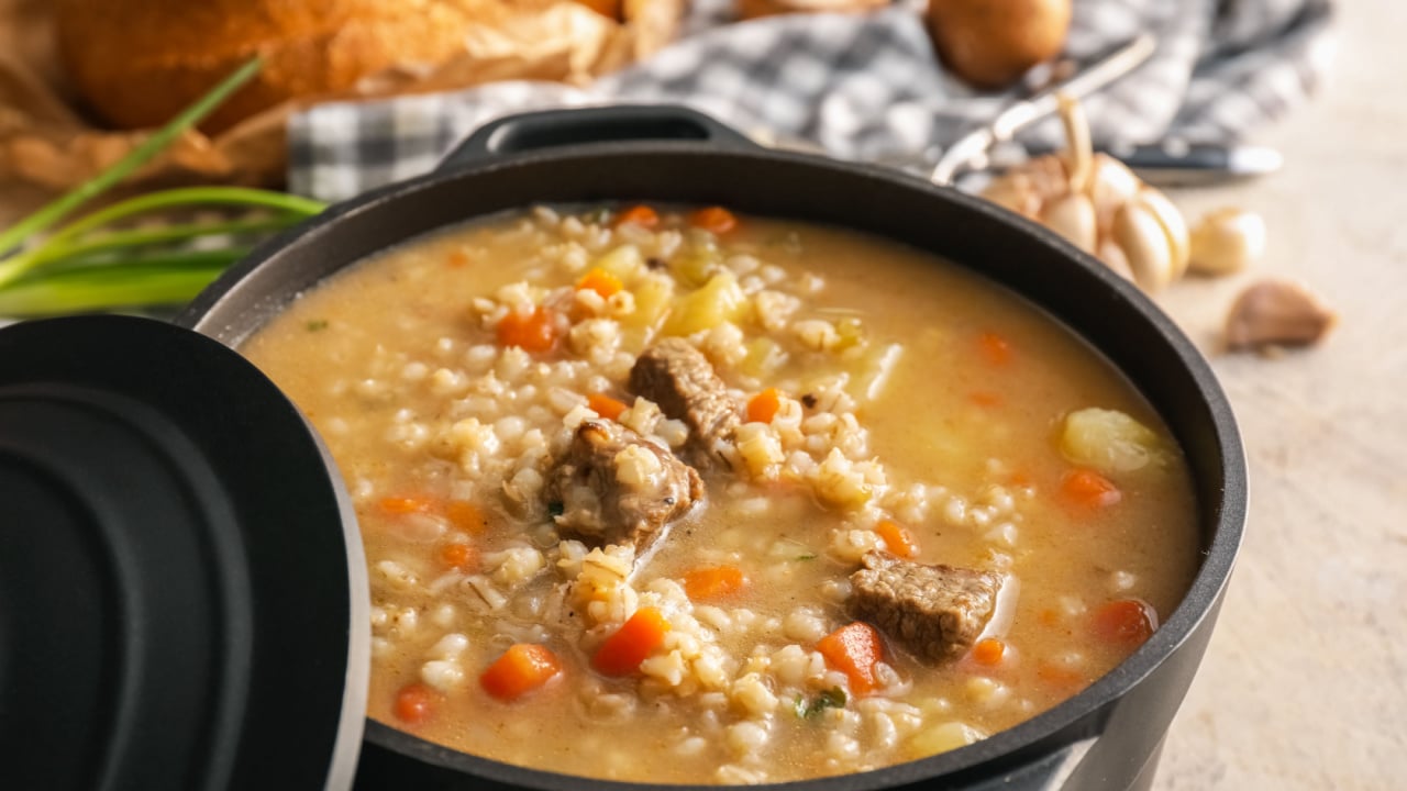 a delicious serving of beef barley soup in a crockpot