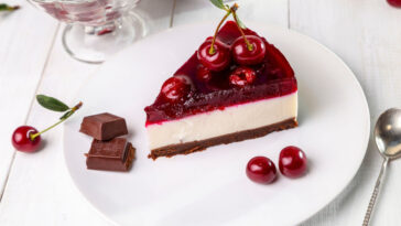 piece of cherry cheesecake on a plate on a white table