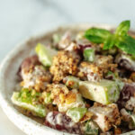 Waldorf salad with copy space. American fruit and nut salad with apples, celery, grapes, chicken meat, dressed mayonnaise.