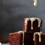 Diced brownie with sweet condensed milk sauce drips