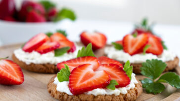 Homemade healthy toast with strawberry and cream cheese.