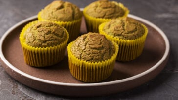 Homemade keto diet muffins with spinach on ceramic plate ready to eat. Healthy vegan breakfast. Ketogenic diet, sugar free, dairy free and gluten free food.