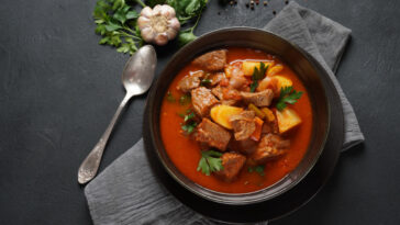 Beef goulash, soup and a stew, made of beef chuck steak, potatoes and plenty of paprika.