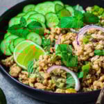 Thai chicken salad larb gai with onion, cucumber and mint in a black plate.