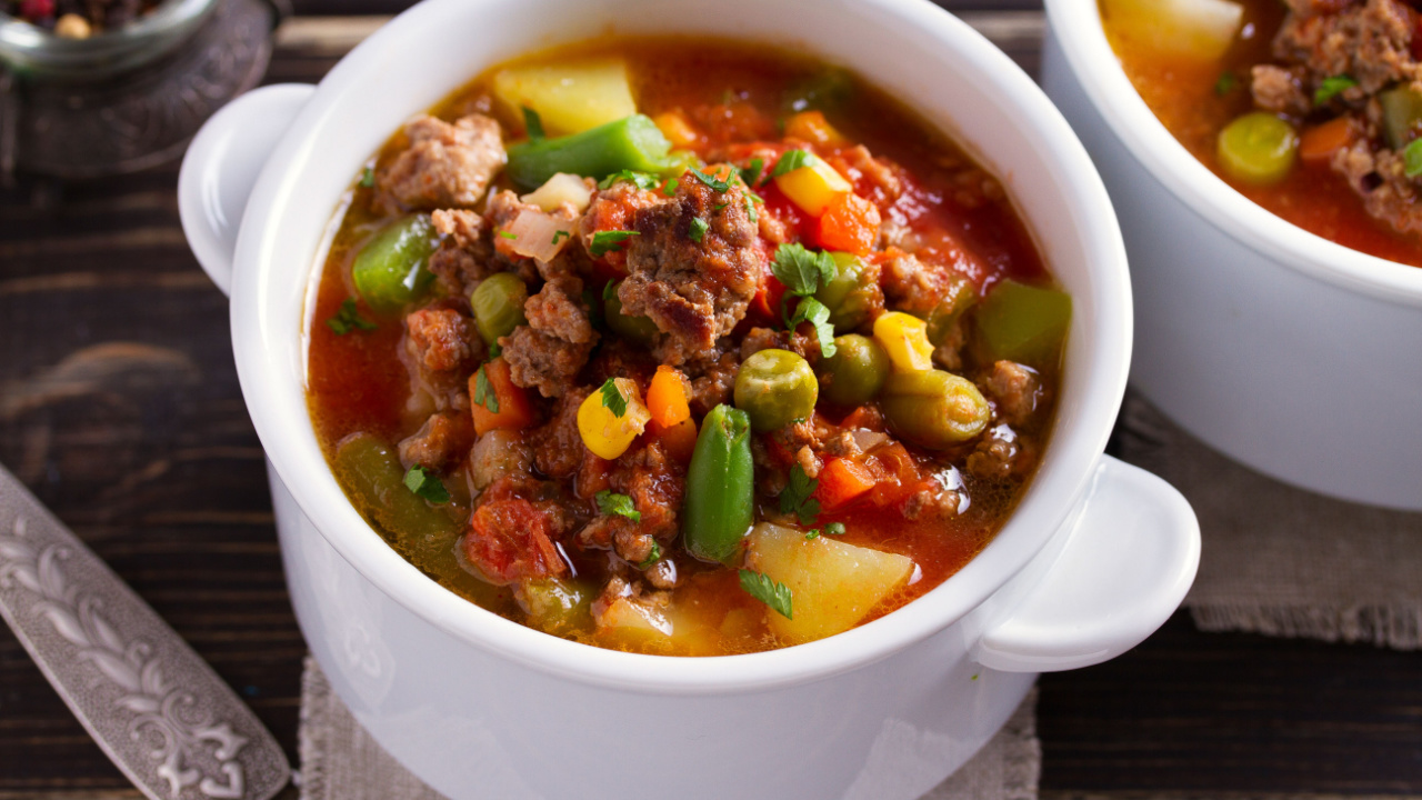 Delicious hamburger soup with vegetables