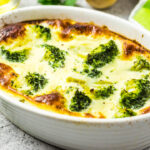 Broccoli egg cheese casserole in baking dish.