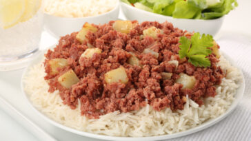leftover corned beef hash served in rice