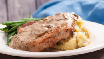 crispy pork chop and mushroom sauce