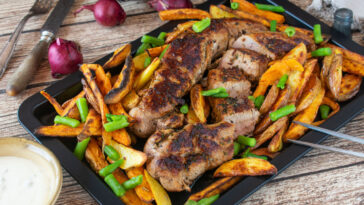 Roast Pork tenderloin with vegetables and potatoes.