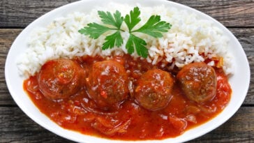 Pork meatballs in tomato sauce with rice