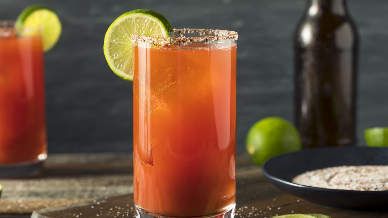 Homemade Michelada with Beer Salted Rim and Tomato Juice