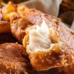 ish in beer batter and chips with green pea and tartar sauce
