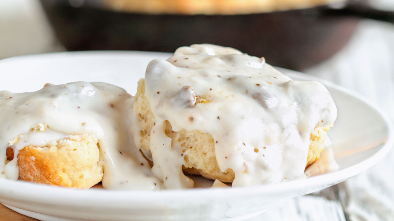 biscuits covered with thick white sausage gravy.