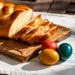 Easter breakfast, Striezel, yeast wreath, plait on a bread board, with colored eggs.