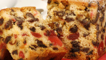 delicious sliced fruit cake with mixed fruit and cherries