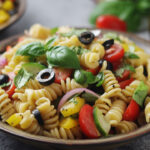 A bowl with traditional Italian pasta salad
