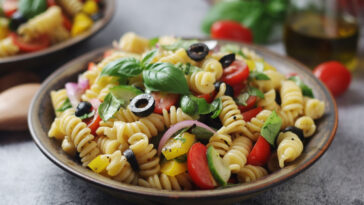 A bowl with traditional Italian pasta salad