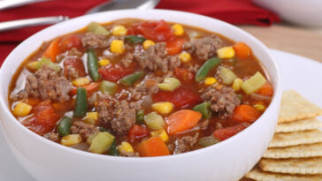 Closeup of a bowl of vegetable beef soup.
