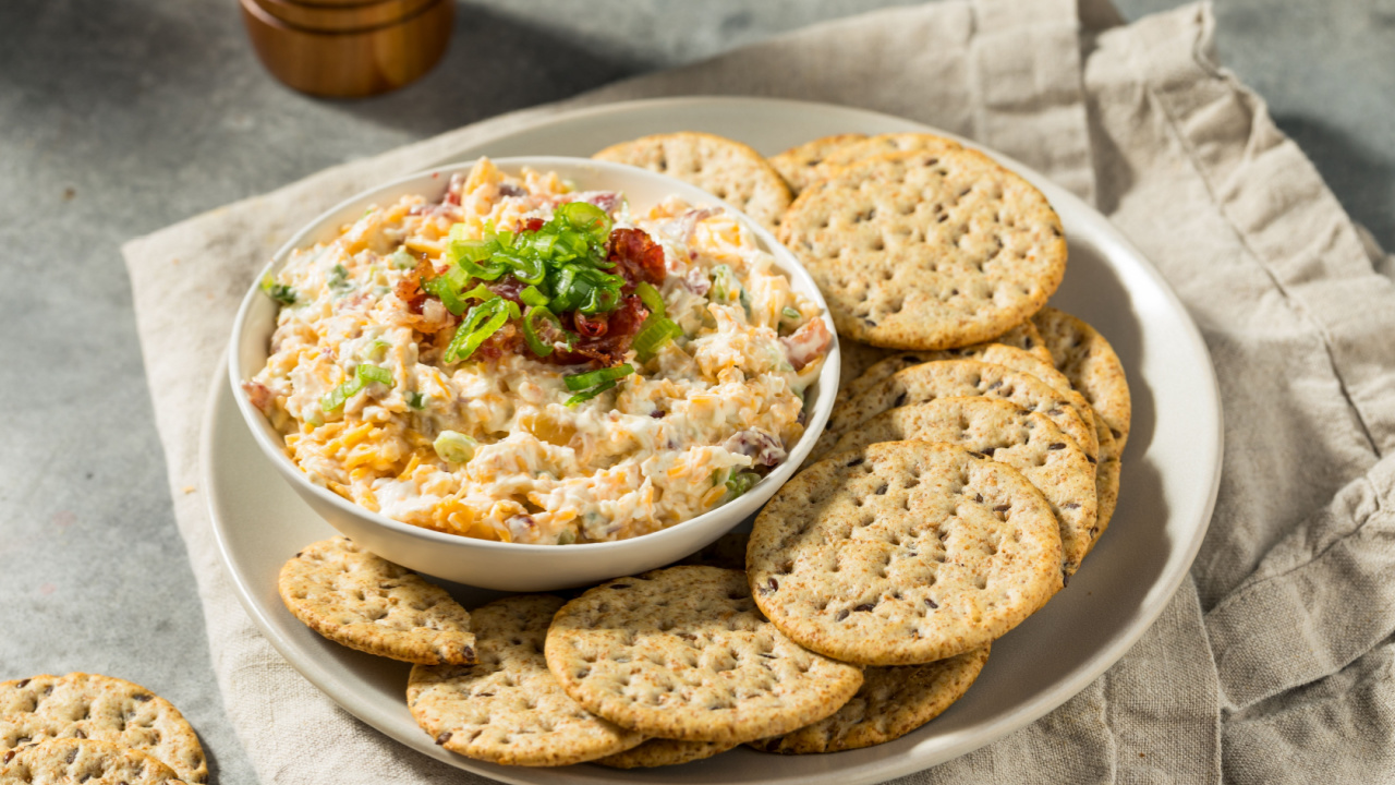 Homemade Million Dollar Cheese Dip with Bacon and Crackers