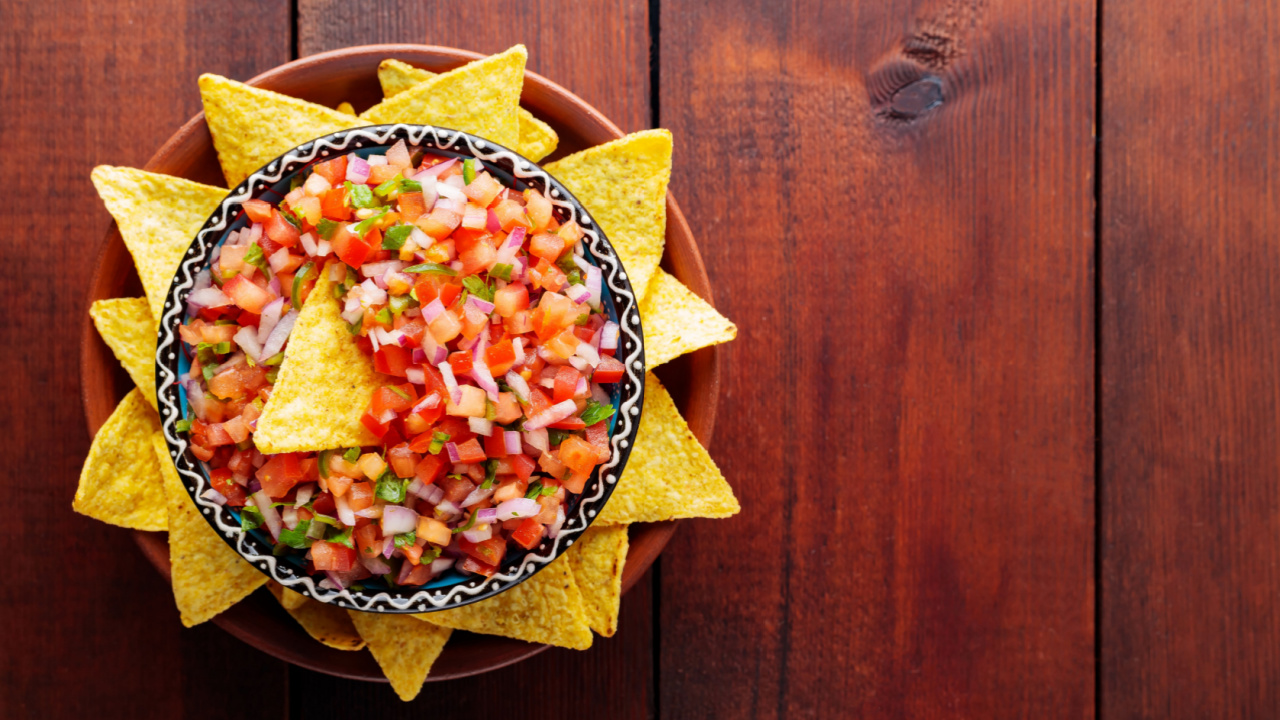 Mexican Pico de Gallo salsa and nacho chips.