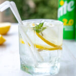 glass of sprite soda water with ice, mint and lemon. Refreshing summer sprite cocktail concept with tonic or transparent alcohol.