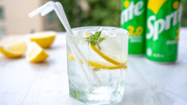 glass of sprite soda water with ice, mint and lemon. Refreshing summer sprite cocktail concept with tonic or transparent alcohol.