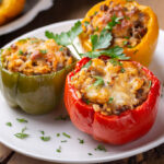 Stuffed peppers in a baking dish on a blue wooden table